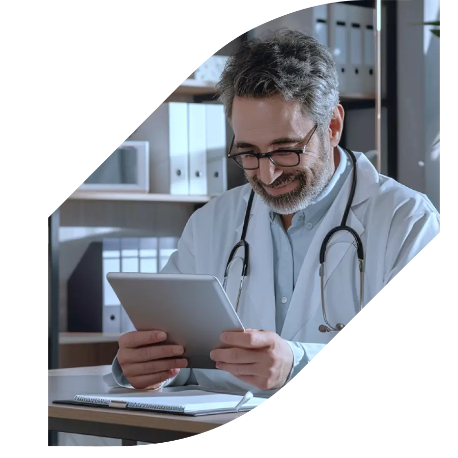 Doctor in medical practice happily working on a tablet, secured by Sacred Byte network security solutions.