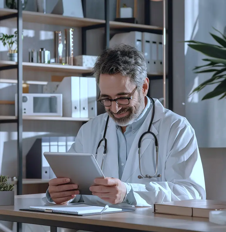 Doctor in medical practice happily working on a tablet, secured by Sacred Byte network security solutions