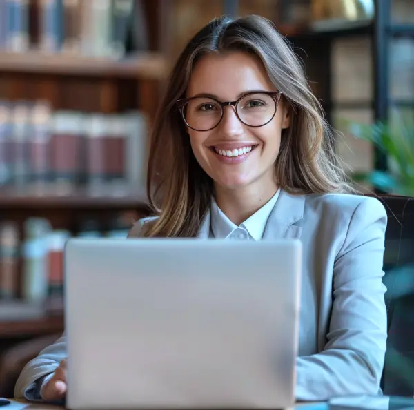 Female lawyer working on her laptop protected by Sacred Byte network security solution at her legal office