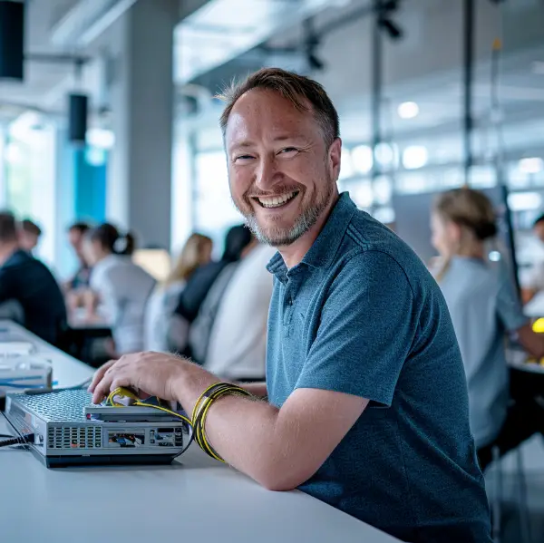 Cybersecurity expert from Sacred Byte GmbH installing a network gateway for enhanced network security