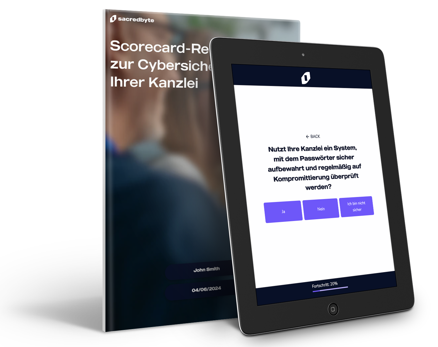 Visueller Teaser der Cyber-Sicherheits-Scorecard für Kanzleien mit einem Bericht und einem Quiz auf einem Tablet, von Sacred Byte