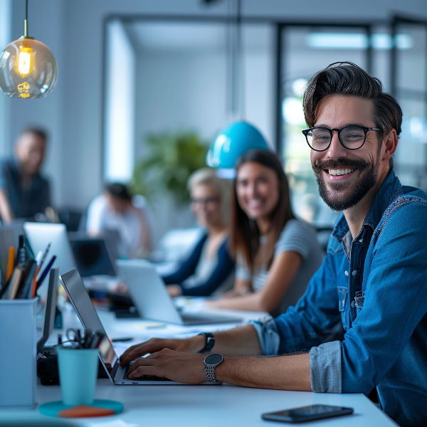 Group of happy employees at client site enjoying reliable and uninterrupted internet connection provided by Sacred Byte GmbH