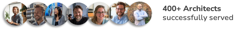 Headshots of diverse professionals with text: 400+ Architects successfully served by Sacred Byte GmbH