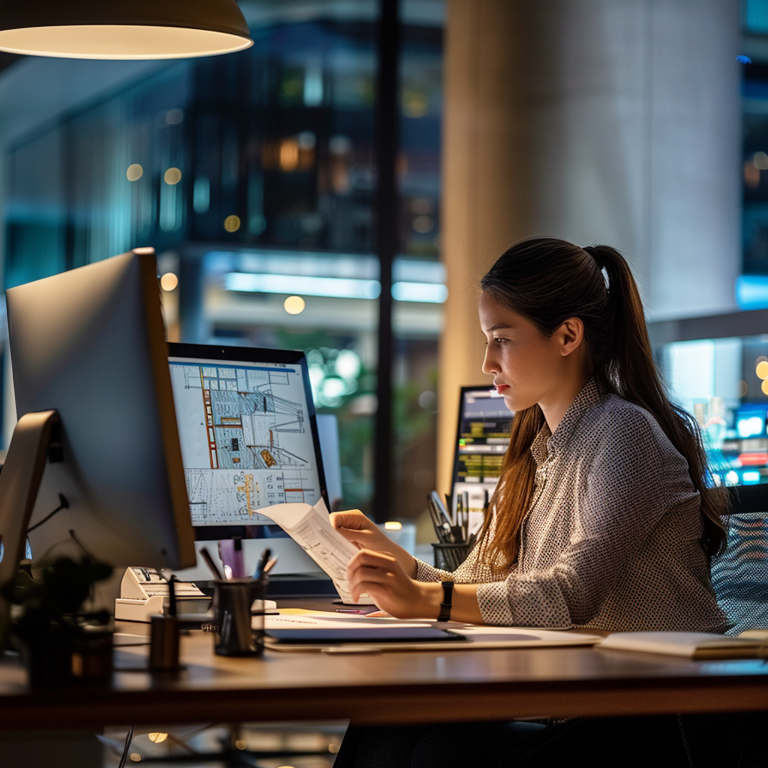 Architektin arbeitet nachts im Büro am Computer