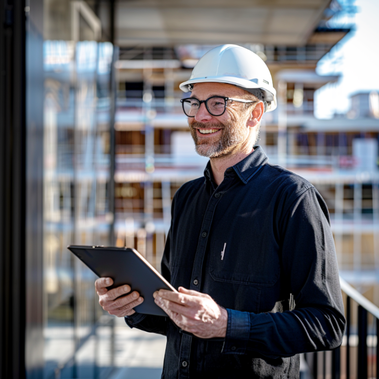 Architekt greift auf der Baustelle auf Remotedaten auf Tablet zu